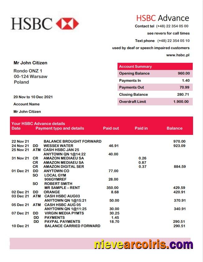 Poland HSBC bank statement